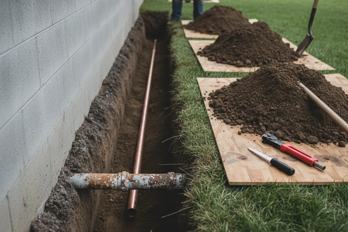 Excavated water line trench during Water Softener Installation in Tremont